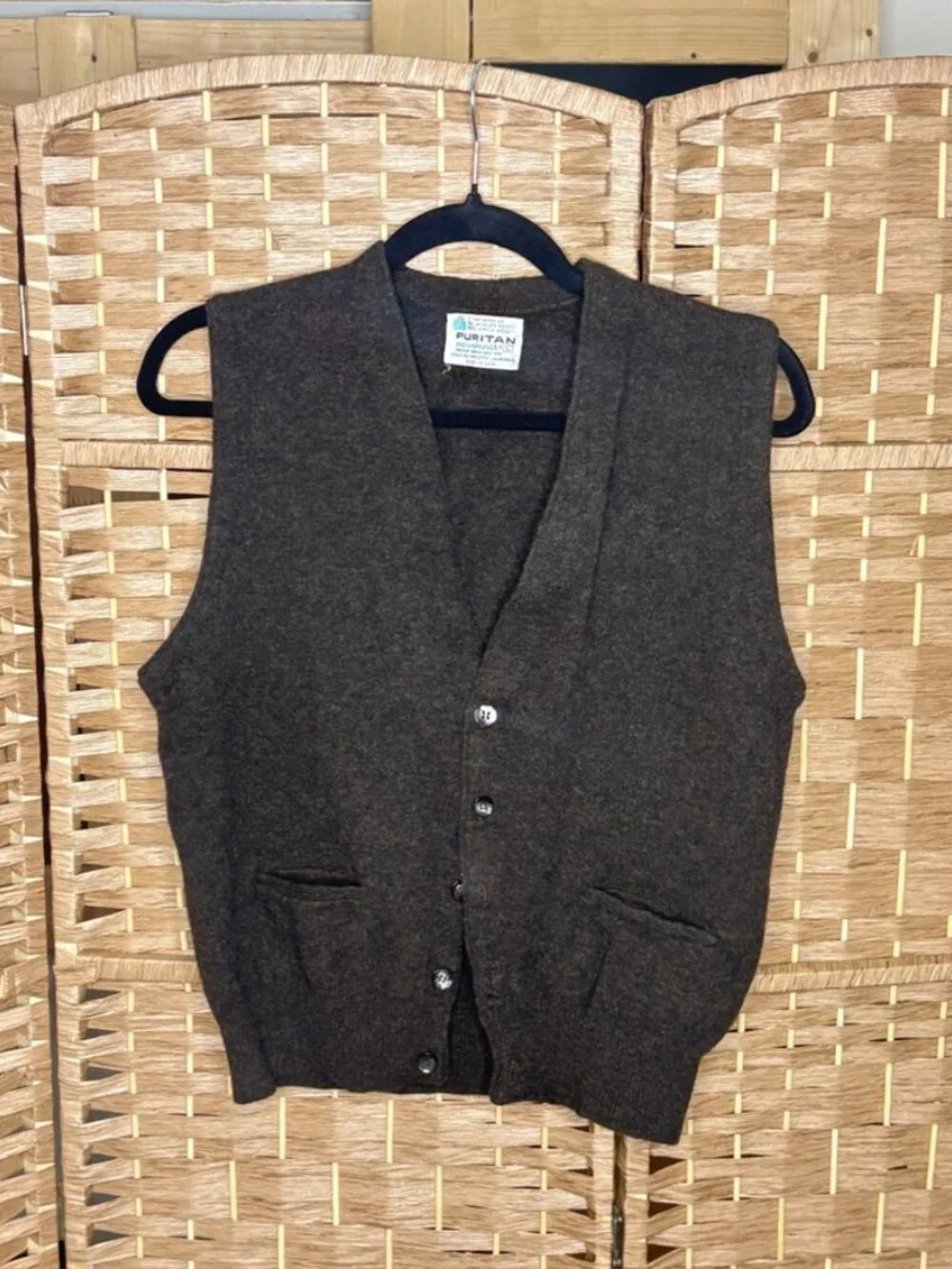 VINTAGE Made in USA Puritan Aquaknit 100% Lambswool Button Vest Sweater size L